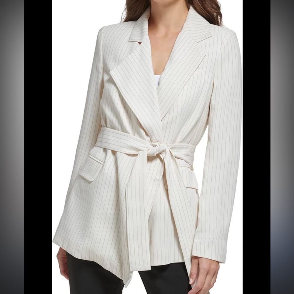 DKNY Women's Cream Pinstripe Belted Blazer